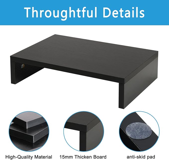 TEAMIX Black Monitor Stand Riser, Wood Desk Organizer for Laptop & Computer | 14.2"L x 9.5"W, Holds 80 lbs, Small Riser with Storage, Ergonomic Minimalist Design, Easy Assembly, For Home Office, Gaming