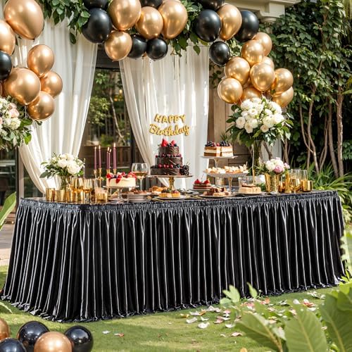 Wish Care 17ft Black Satin Long Table Skirt for Rectangle Tables Wrinkle Free Teacher Desk Skirt Glitter Ruffle Table Skirting Cloth for Back to School Classroom Office Dorm Birthday Party Table Decor