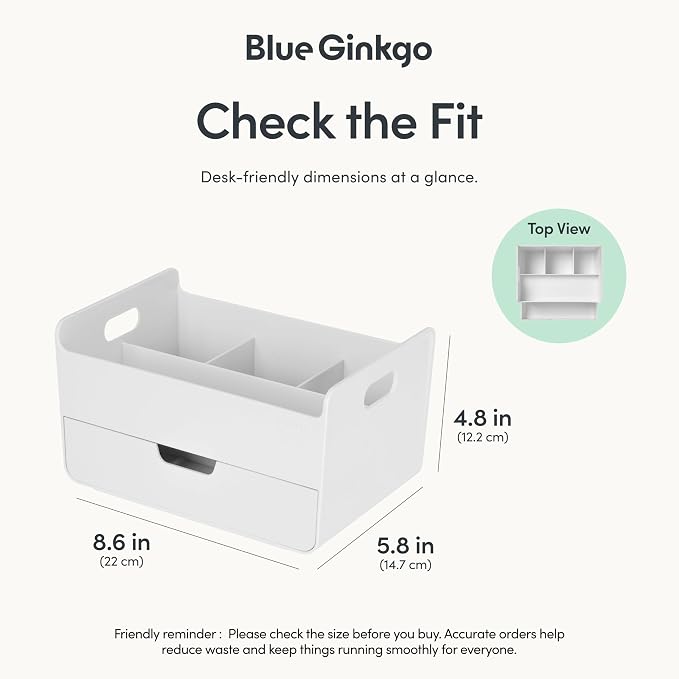 BLUE GINKGO Portable Desk Organizer, White, Made in Korea | 3 Compartments. Half Drawer. Everyday Storage.