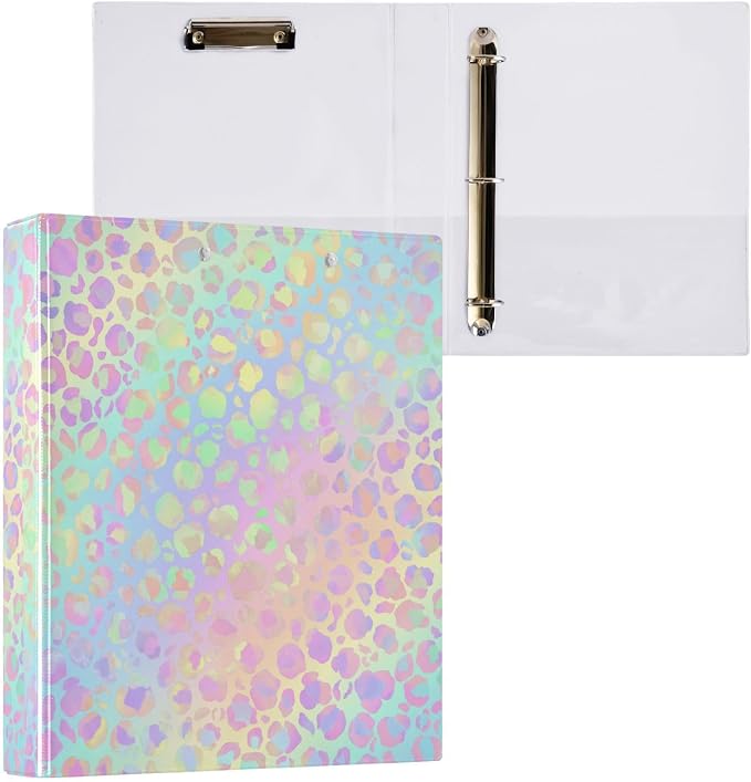 3 Ring Binder, Rainbow Leopard Print Neon File Folder Holds 200 Sheets File Storage for Women Men School Office Supplie