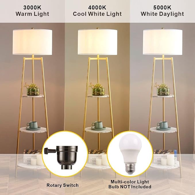 ROSEN GARDEN Floor Lamp, Standing Reading Light with Faux Marble Shelves and Fabric Shade, Modern Tall Pole Lamp, Accent Furniture Décor Lighting for Living Room, Bedrooms