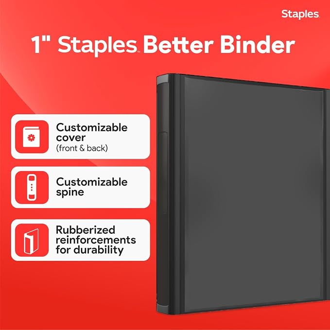 Staples Better 1-Inch D-Ring Binder, Black, Heavy-Duty, 3-Ring | 3-ring binder built for school and office document organization.