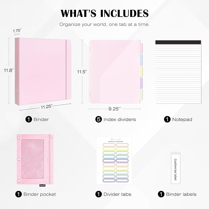 Ospelelf Leather 3 Ring Binder for Letter Size Documents with PVC Pocketed Dividers, 1 Inch Round Rings, Holds 175 Sheets, Binders with Storage Bag & Notepad, for Office School Home Organization, pink