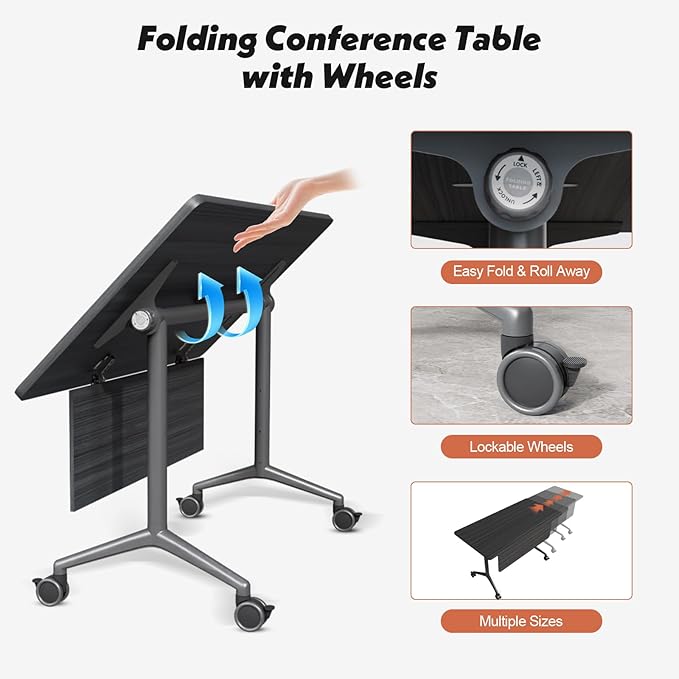 Goakwwuz Conference Room Table, Folding Conference Tables,Thicken Grey Tabletop,Flip Top Wooden Seminar Meeting Room Table for Conference Room Offices (10, BlackWoodGrain, 70.8”)