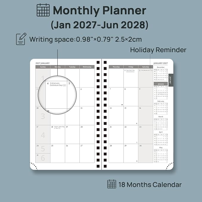 POPRUN Monthly Planner 2027-2028 (Jan.27-Jun.28),4.5"x6.25" Pocket Calendar