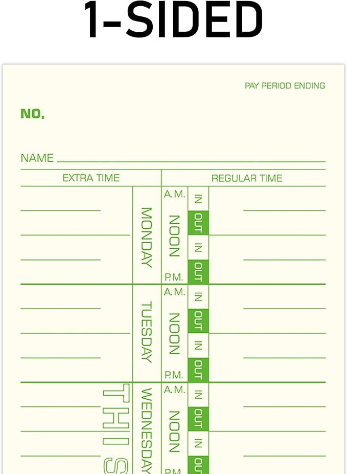 Weekly Time Cards 1-Sided, 3-1/2" x 9", Named Days, 100-Count,Time Cards for Employees, Green Print, Timecards for Time Clocks