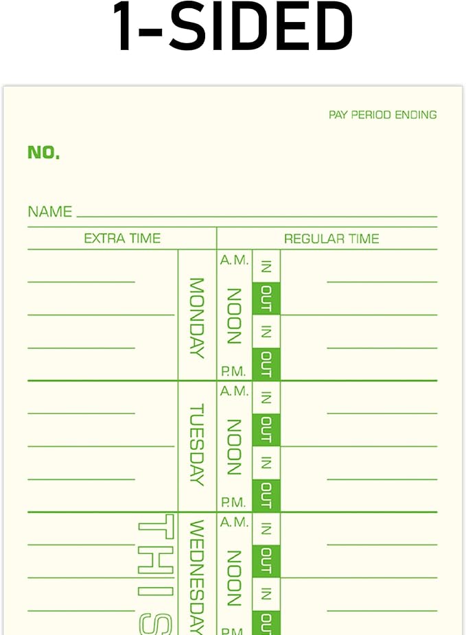 Weekly Time Cards 1-Sided, 3-1/2" x 9", Named Days, 500-Count,Time Cards for Employees, Green Print, Timecards for Time Clocks