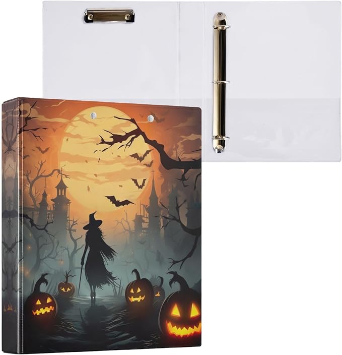 SPRIPORT Halloween Pumpkin Witch 1.5 Inch 3 Ring Binder Holds 200 Sheets for Office Supplies Durable PVC Round Ring Binder with Interior Clear Pockets Flexible Round Binder for Home Work Woman Man