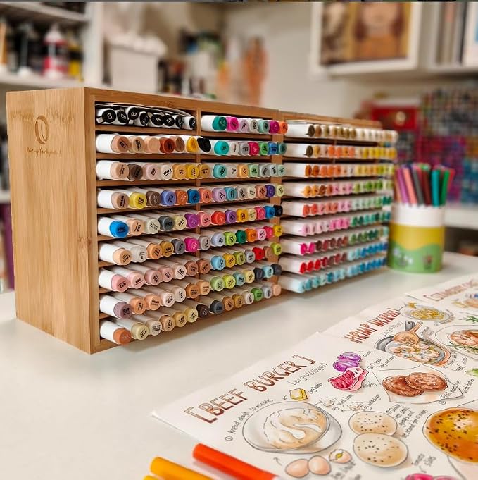 Ohuhu Bamboo Marker Organizer, Wooden Desktop Storage Holds 126 Markers | Markers Pens Pencils Art Brushes Stationary Organizer Pencil Holder with 18 Compartments for Classroom Office Decor Home