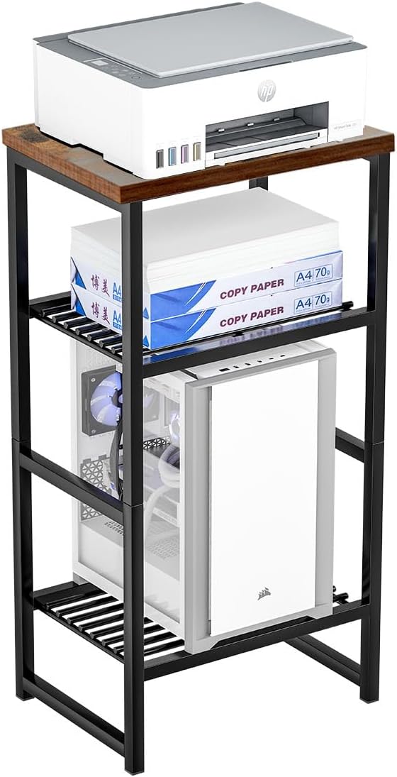 Industrial 3 Tier Printer Stand, Home Printer Wood Table with Wire Storage Shelf for Scanner Fax Machine, Heavy Duty Metal, Rustic Brown with Burly Wood Board