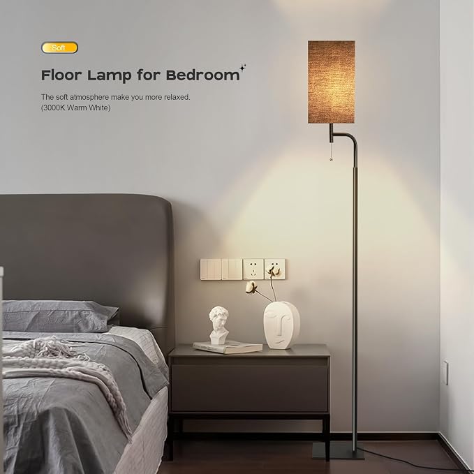 Modern Floor Lamp for Living Room, Black, 3 Color Temperatures, Linen Shade, Minimalist Design, Tall Lamp for Reading, Office, Bedroom | Solid Iron Flat Base, Fits Under Sofas, Compact Spaces, Living Room Bedroom Office
