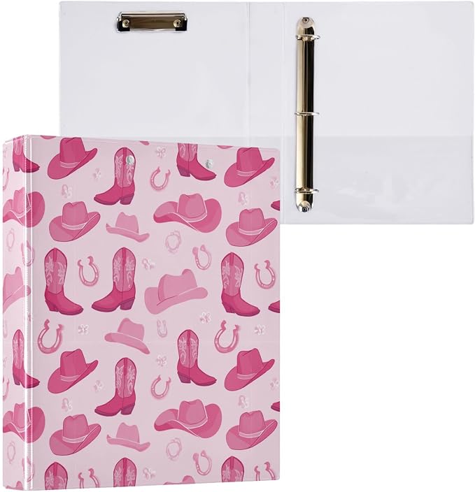 Aslsiy Wild West Girl Pink 3 Ring Binder 1.5 Inch Cow Hat Round Clipboard Binder Decorative Harcover Binders Organizer for Office Supplies