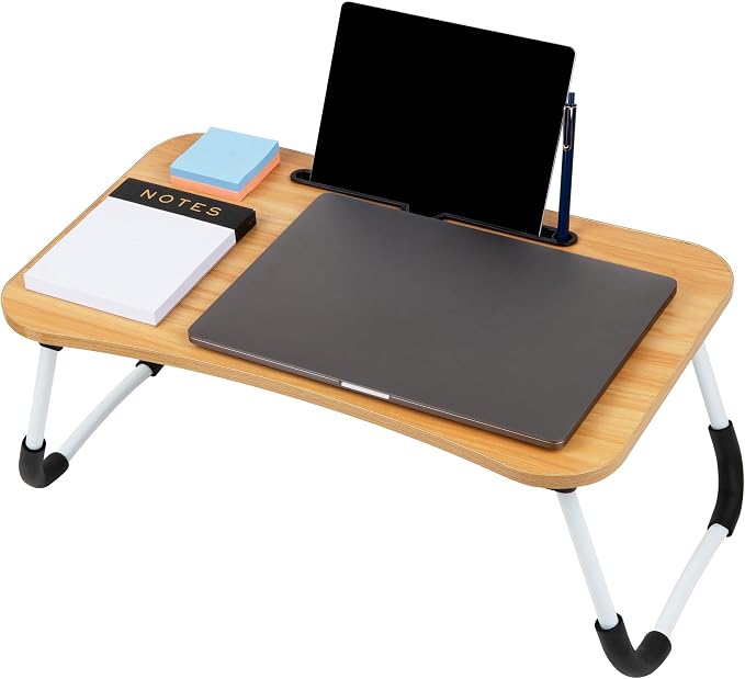 Mind Reader Lap Desk Laptop Stand with Folding Legs, Portable Bed Tray Table for Laptop, Breakfast, Reading, Crafts, MDF, Beige
