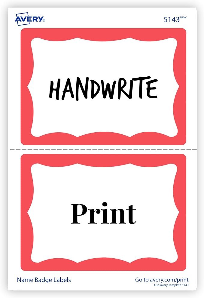Avery Name Tags, White with Red Border, Packs of 100 per Pack, 18 Packs, 1,800 Removable Name Badges Total (05143)