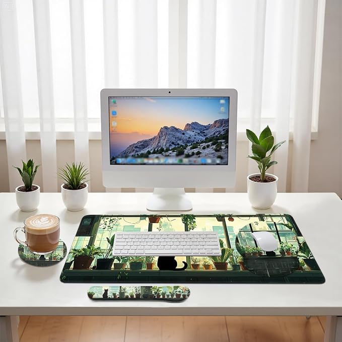 Cute Cat Mouse Pad Set Green Plants Cartoon Anime City Gaming Mousepad 4in1 Desk Mat for Desktop Wrist Support Cup Coaster Set Ergonomic Computer Desk Arm Wrist for Decor Home Office
