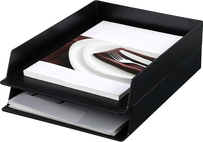 2 Pcs Stackable Paper Trays Rectangular Plastic Desk Holder Desktop Document File Organizer Storage Letter for Office Classroom (Black)