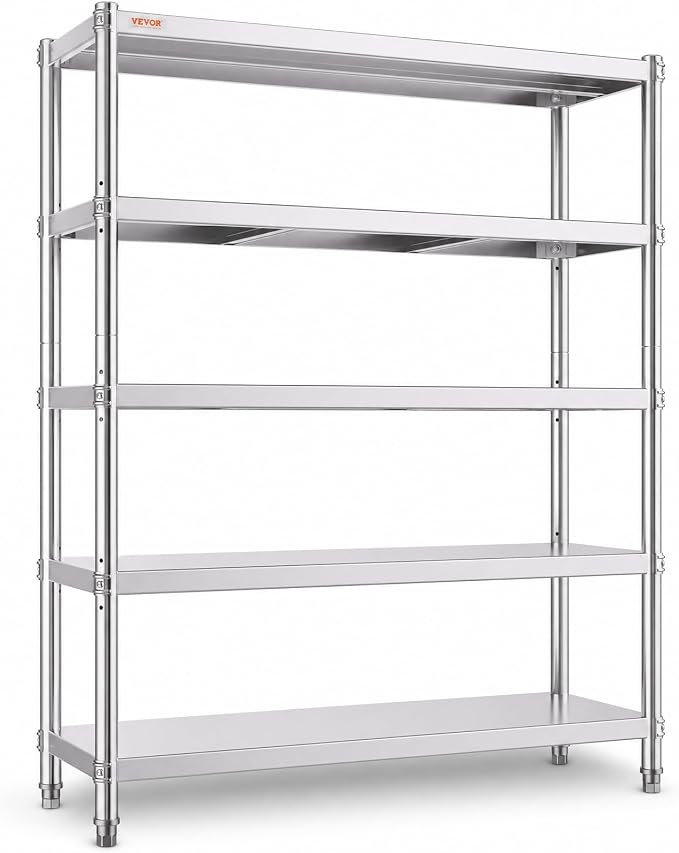 VEVOR Stainless Steel Shelving 48x18.5 Inch 5 Tier Adjustable Shelf Storage Unit Stainless Steel Heavy Duty Shelving for Kitchen Commercial Office Garage Storage 330lb Per Shelf | Storage Unit for Various Spaces Load Capacity 330 lbs Per Shelf Heavy Du...