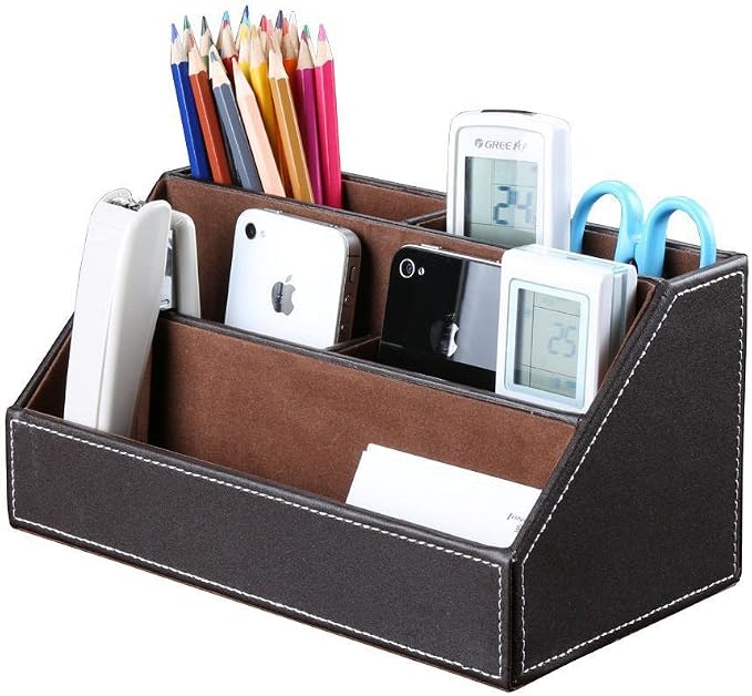 5PCS Desk Organizer and Accessories Set, Pu Leather Office Supplies with Multifunction Desktop Organizer Storage Box, Tissue Holder, Mouse Pad, Note Paper Holder, Pencil Holder for Desk Brown