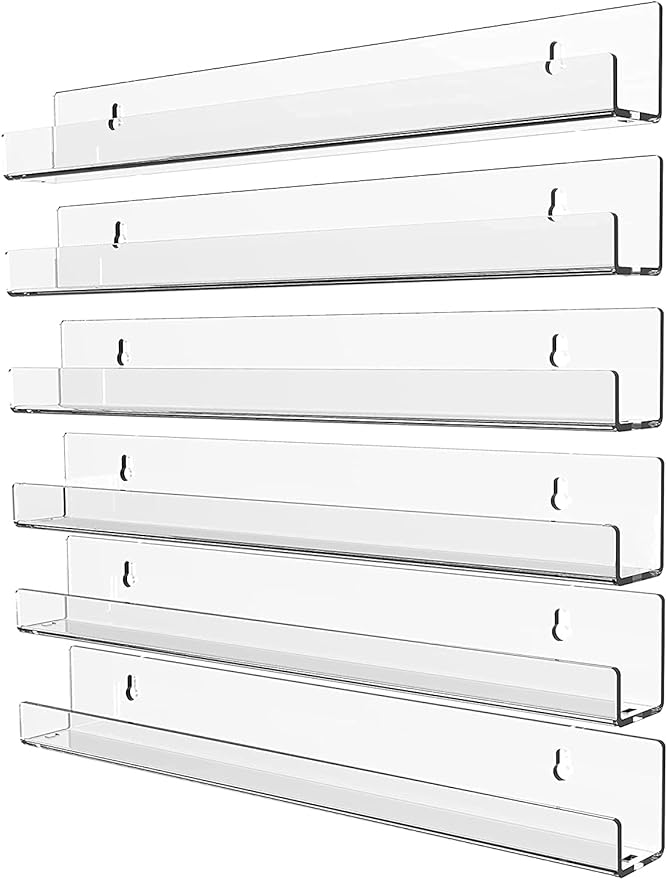 Cq acrylic Invisible Clear Floating Bookshelf - 15" Hanging Wall Mounted Display Shelf for Kids Room, Modern U Shaped Ledge for Books,Picture,Toys, Vinyl Records Wall Display Shelf,Pack of 6