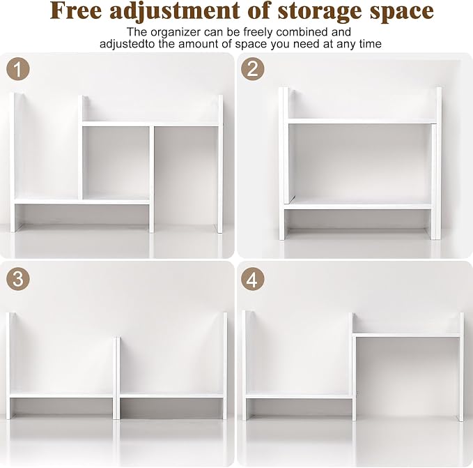 Desk Shelves Wood Desktop Orgnizer Shelf. Office Organization for Top of Desk Organizers and Accessories Bookshelf Shelving,Adjustable Tier H-Shape Mini Bookcase(White)