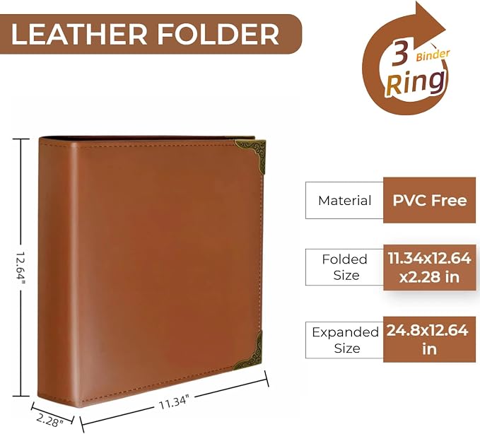 Vintage Hardback Leather 3 Ring Binder, 1.3 Inch D Ring, Three Ring Binders Fits 8.5" x 11", Corner Protectors, PU Leather Cover, for Photo Album, Home, Professional Office & School Supplies, Brown