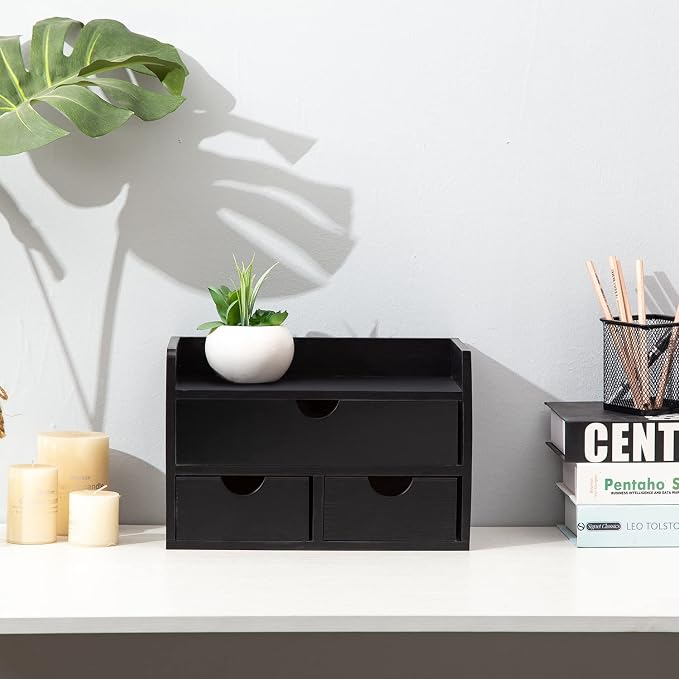 Black Bamboo Desk Organizer Wooden Storage Cabinet 3 Drawers with Shelf Tabletop Organization Box Home Office Workspace Bathroom Toiletries Supplies Caddy Vanity Makeup Stationery Holder