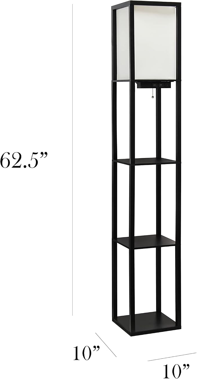 Simple Designs LF1037-BLK-LB Three Shelf Etagere Organizer Storage Floor Lamp with 2 Dual USB Ports and Charging Outlet, Black, with Feit LED Bulb Included