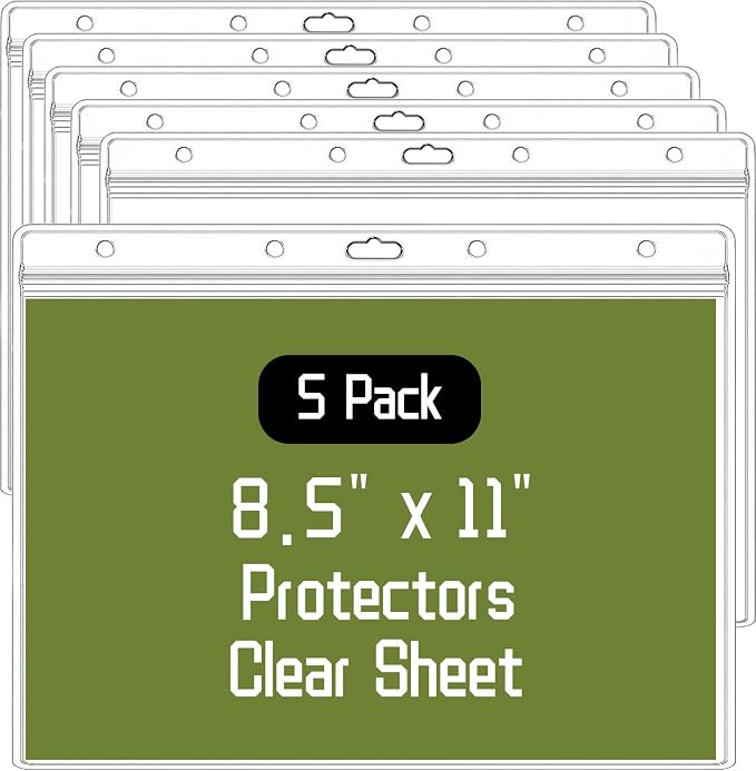 5 Pack Sheet Protectors，8.5" x 11" Waterproof Resealable Zip Wall Sign Holder Page Protectors Clear Photo Plastic Sleeves, Duty Work Pocket Hanging Sheet Protectors (Horizontal, 5 Pack)