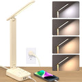 Addtam LED Desk Lamp, Power Strip with 3 Outlets 4 USB Charging Ports(2 USBC), 4 Modes 5 Level Brightness Touch Lamp, Small Desk Lamp for Home Office College Dorm Room Essentials, Cream