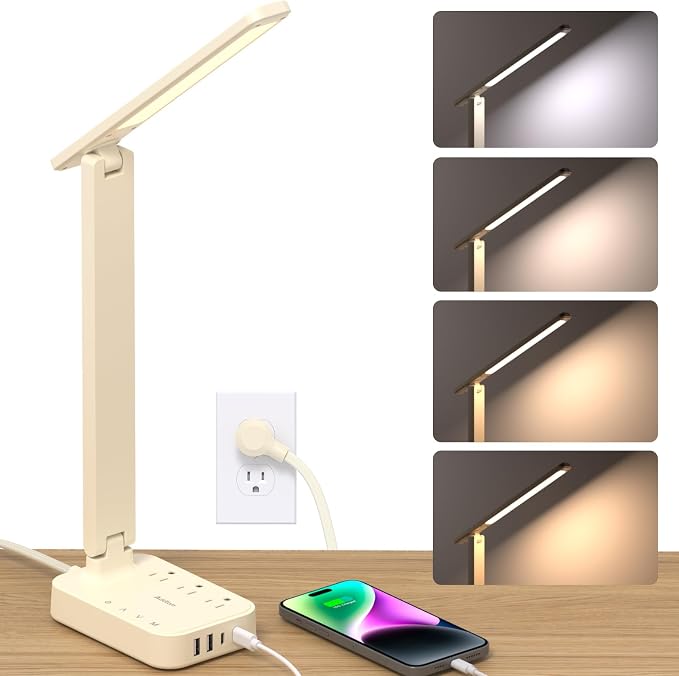 Addtam LED Desk Lamp, Power Strip with 3 Outlets 4 USB Charging Ports(2 USBC), 4 Modes 5 Level Brightness Touch Lamp, Small Desk Lamp for Home Office College Dorm Room Essentials, Cream