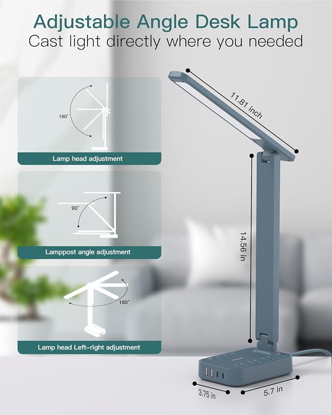 Addtam LED Desk Lamp, Power Strip with 3 Outlets 4 USB Charging Ports(2 USBC), 4 Modes 5 Level Brightness Touch Lamp, Small Desk Lamp for Home Office College Dorm Room Essentials, Blue