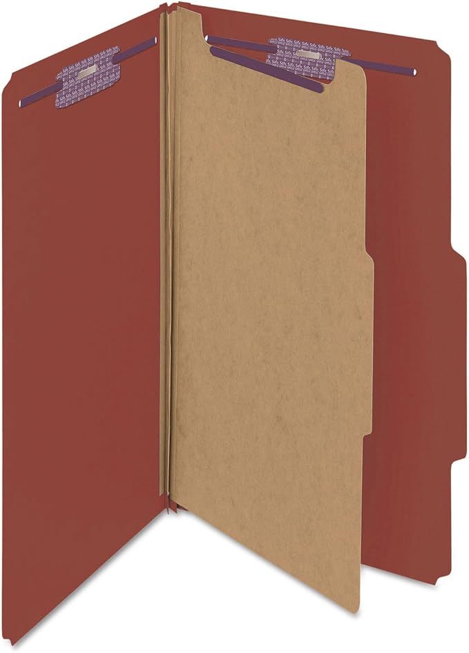 Smead Pressboard Classification File Folder with SafeSHIELD Fasteners, 1 Divider, 2" Expansion, Legal Size, Red, 10 per Box (18775)