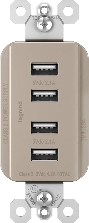 Legrand Radiant Quad USB 4.2A Type A Decorator Outlet Nickel | Pass & Seymour Convinent USB Charging, Multi Port USB for Phones and Tablets, Child Safe, 4 Ports