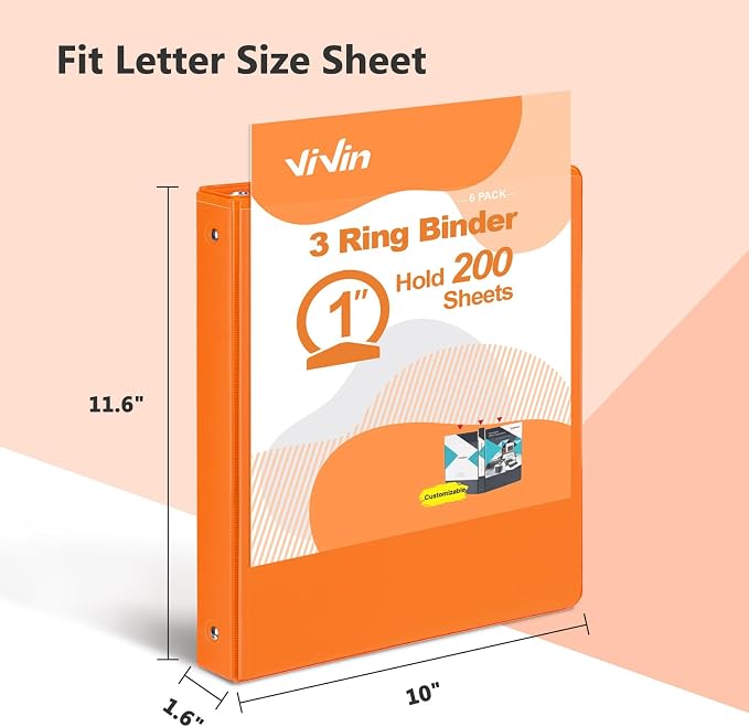 ViVin 1 Inch Round Ring View Binder for Durability, 6-Pack (Orange) | Standard 3 Ring Binder for 200 Sheets of US Letter Size Paper, PVC-Free, Clear View Cover, Office Home School Use