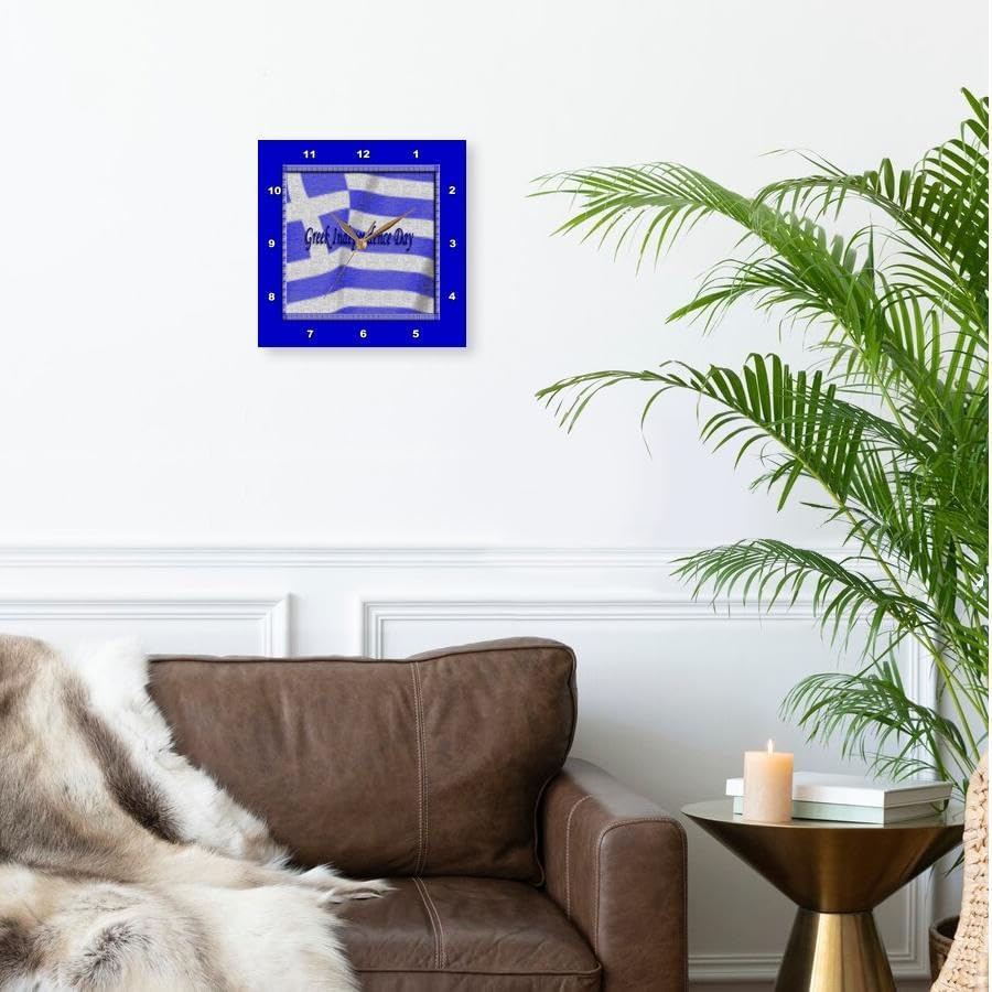 3dRose Wall Clock Silent - 15 inch - Image of Greek Independence Day, Greek Flag, Blue - Greek Independence Day Design