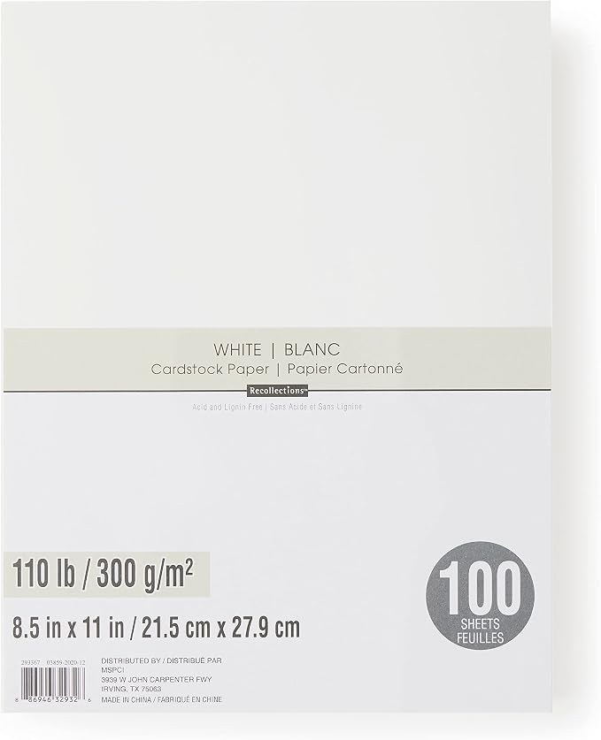 Recollections 100 Sheets White Heavyweight 8.5” x 11” Cardstock Paper - Acid and Lignin Free Paper for Scrapbooks, Arts & Crafts - 1 Pack