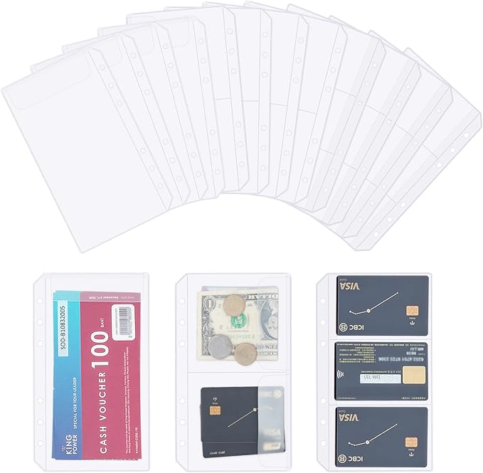 30pcs A6 Binder Pocket Set no Zipper Clear Budget Planner Inserts Bulk Budget Binder Organizer Cash Envelopes for Budgeting Waterproof PVC Loose Leaf Bags Card Sleeves for 6 Ring Notebook