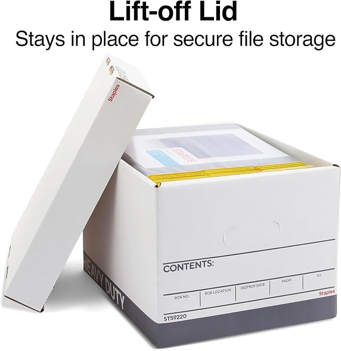 Staples Triple Wall Heavy Duty File Box, Lift-Off Lid, 12/Carton | White/gray boxes for letter or legal documents in bulk storage settings.