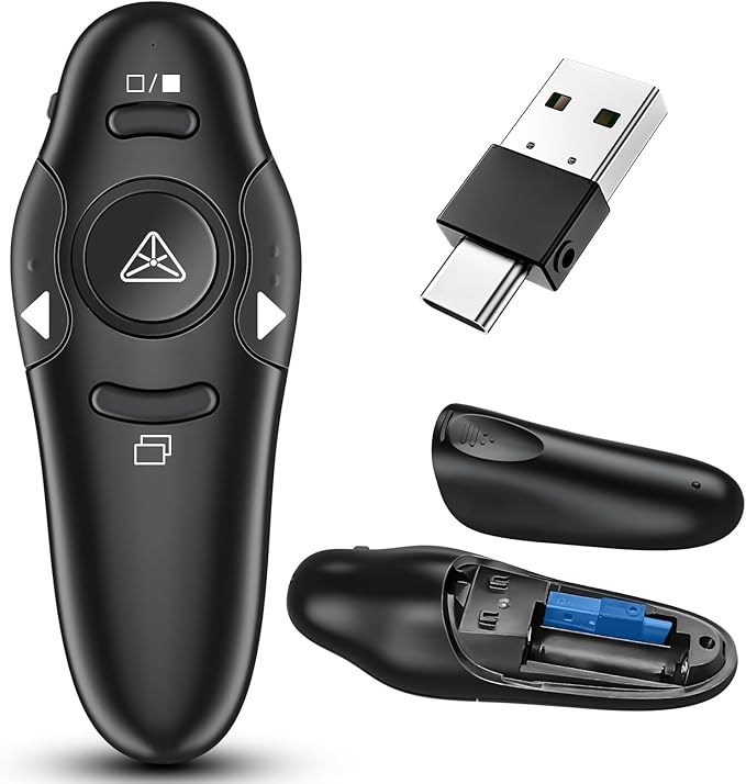 2-in-1 USB Type C Presentation Clicker Wireless Presenter Remote with Laser Pointer, RF 2.4GHz USB C PowerPoint Clicker Slide Advancer for Computer/Mac/Laptop