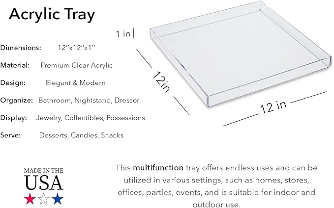 Clear Acrylic Organizer Tray, 12 x 12 Low-Profile Display & Vanity Tray – BPA-Free, Bathroom, Desk, Decor & Serving (Dry Use Only) - Made in USA