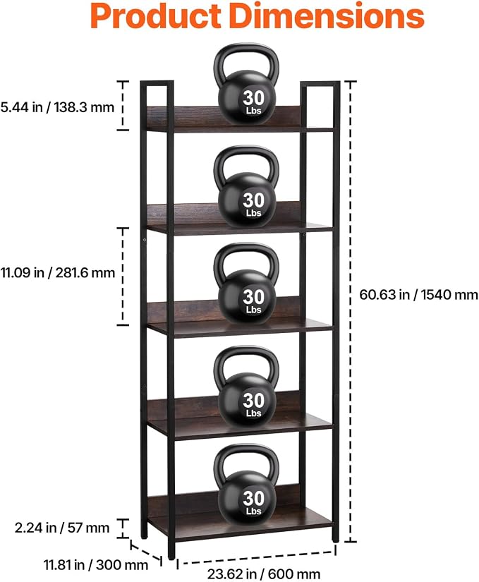 VEVOR Metal Bookshelf, 5-Tier Tall Industrial Bookshelf, Rustic Display Vintage Storage Bookcase with Open Shelves, Freestanding Display Shelving Unit Storage Rack, for Living Room, Bedroom & Office