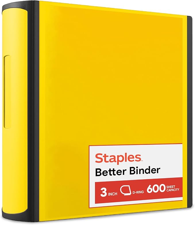 Staples Heavy-Duty 3-Inch D-Ring Binder, Yellow, Holds 600 Sheets | Large-capacity 3-ring binder for school and office document storage.