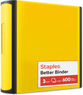 Staples Heavy-Duty 3-Inch D-Ring Binder, Yellow, Holds 600 Sheets | Large-capacity 3-ring binder for school and office document storage.
