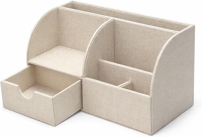UnionBasic Desk Organizer - Multifunctional Leather Desktop Pen Holder Storage Box - Business Card/Pen/Pencil/Mobile Phone/Stationery Holder, Beige
