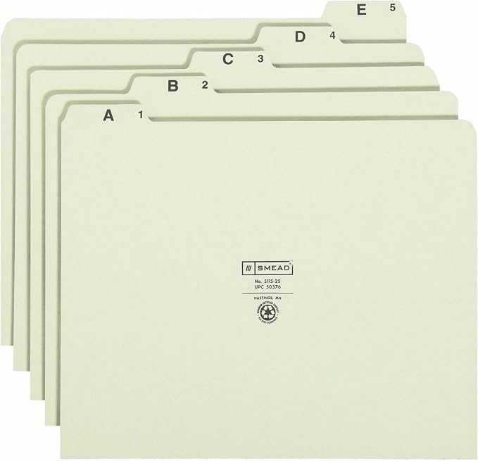 Smead Pressboard Guides, 1/5-Cut Tab (A-Z), Letter Size, Gray/Green, Set of 25 (50376) (Pack of 1)