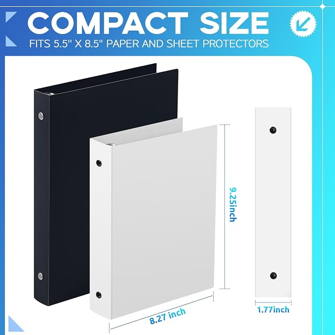 Henoyso 12 Pcs 1.5 Inch Mini 3 Ring Binders Fits 5.5" x 8.5" Paper, Holds(Capacity 350 Sheets), Plastic Flexible Three Round Rings Small White A5 Binders Bulk for School, Office Use, Photo Album
