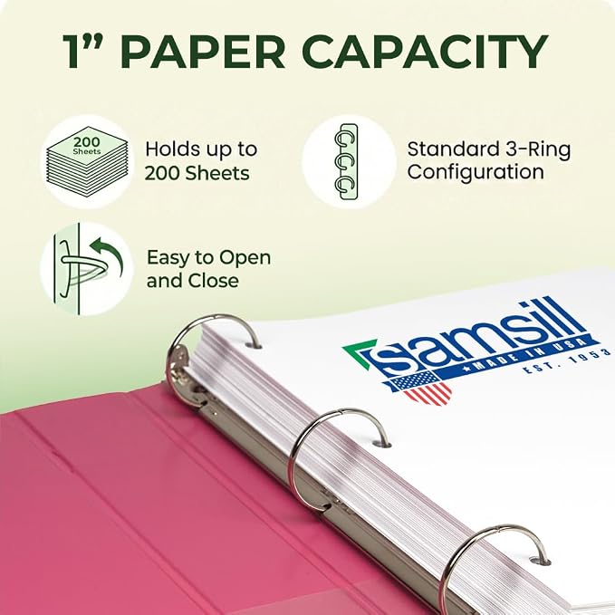 Samsill BioBinder 1 Inch Binder (4-Pack) - Durable Plant-Based 3 Ring Binder 1 Inch, USDA Certified Biobased, Customizable Nonstick Cover & Spine - 1 inch Binders 3 Ring, 200 Sheet Capacity