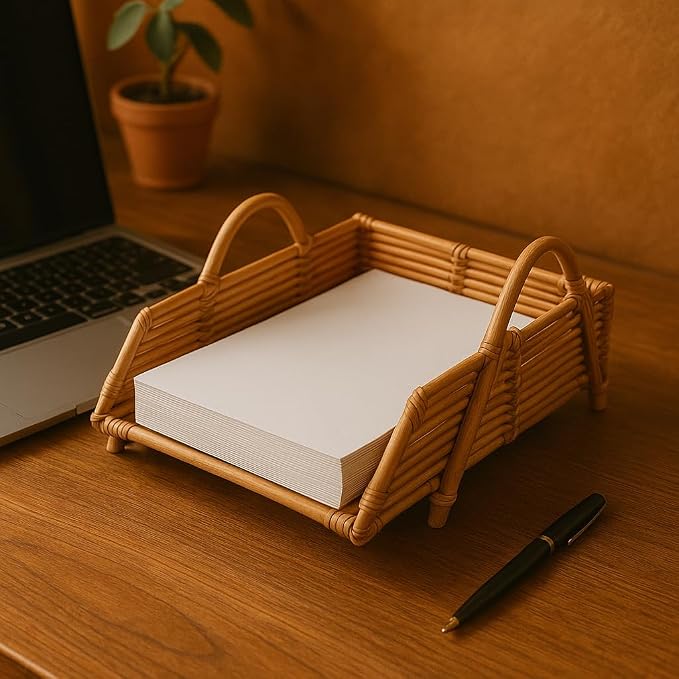 Rattan Inbox Tray for Desk, Made in Indonesia – 14x10.5x3.5 inch Handwoven Basket Organizer, Single Letter Tray with Sturdy Frame, Made in Indonesia, Decorative Wicker Paper Holder (Honey)