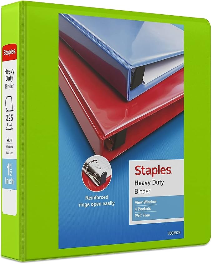 Staples Heavy-Duty 1.5-Inch D-Ring View Binder, Reinforced Spine, Holds Up to 350 Sheets, Chartreuse, for Office & School
