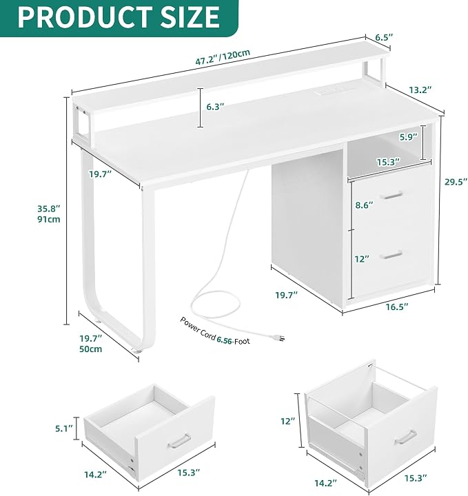 DWVO 47" Office Desk with Drawers, Monitor Stand, Power & LED, White | Built-In Power Outlets, Led Light, Monitor Stand, Storage Space, For Home Office Study, Easy Assembly
